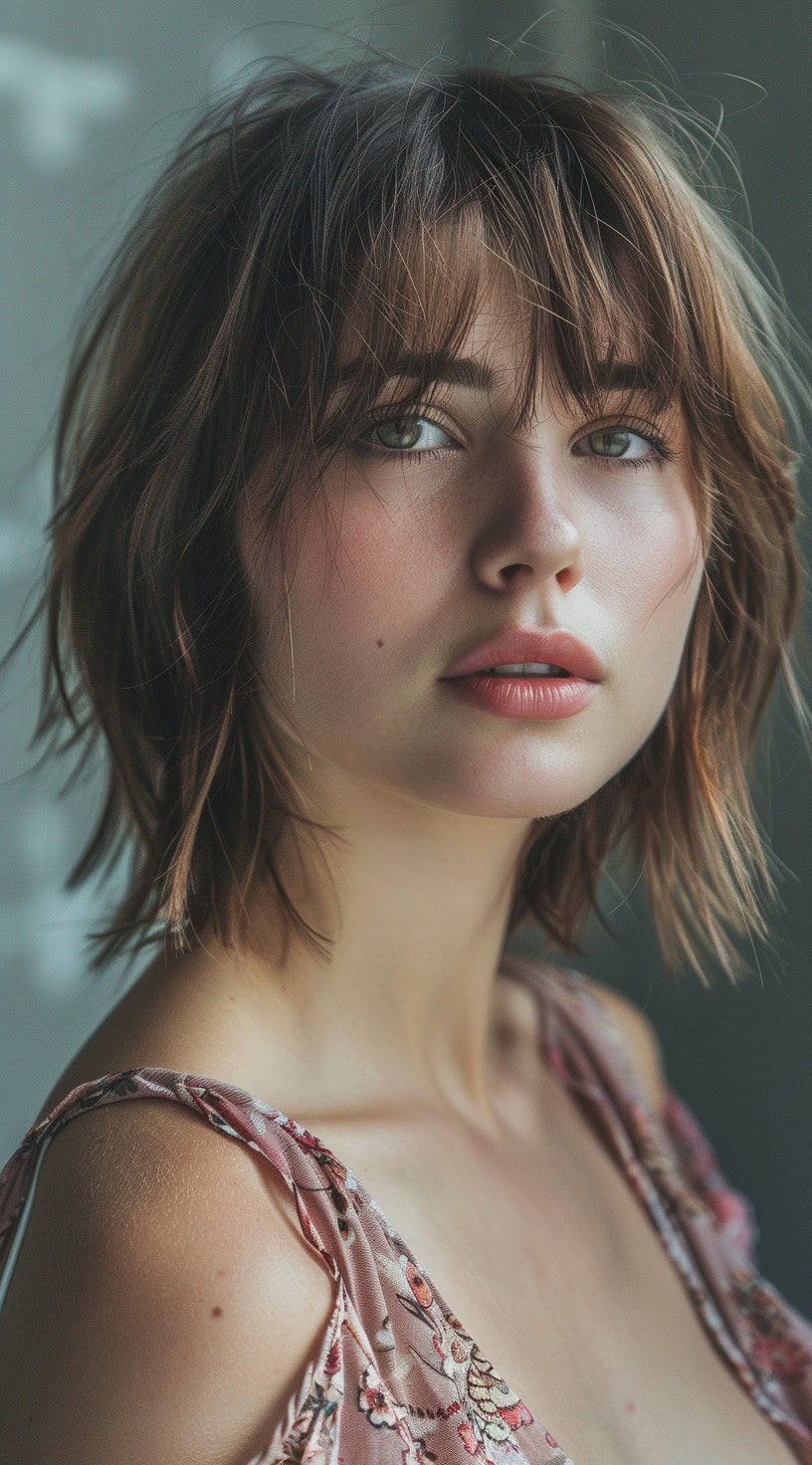 Young woman with a textured layered bob looking slightly to the side.