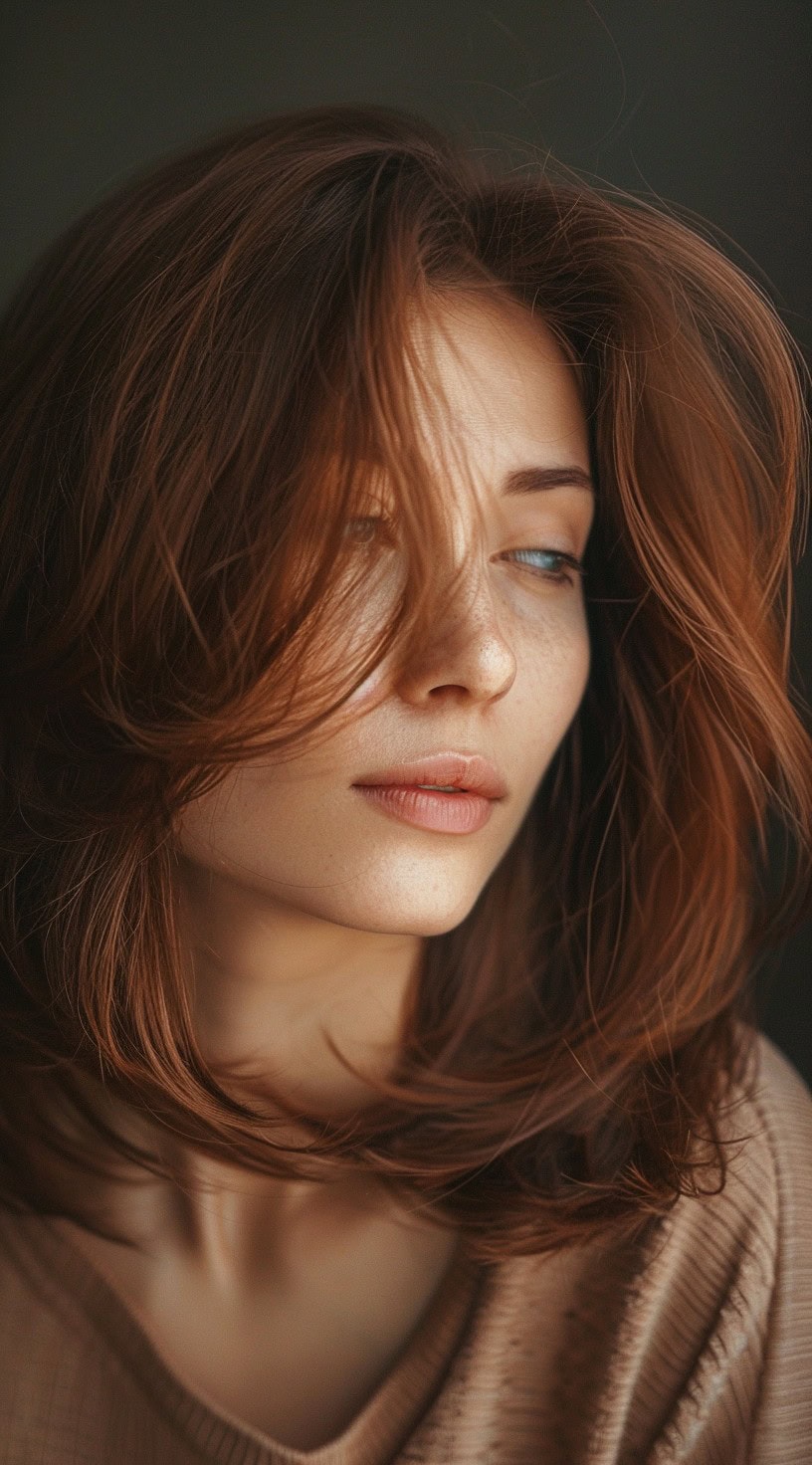 Young woman with a tousled, auburn lob, her hair slightly covering one eye.