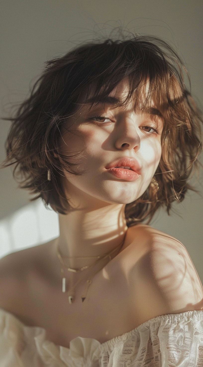 Young woman with a tousled bob and wispy bangs, illuminated by soft sunlight.