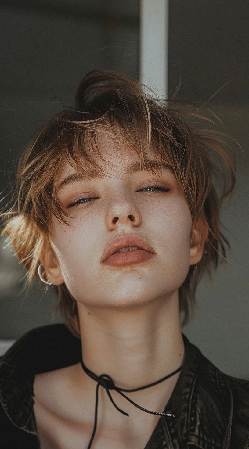 Young woman with an edgy textured pixie cut and wispy bangs, exuding confidence.