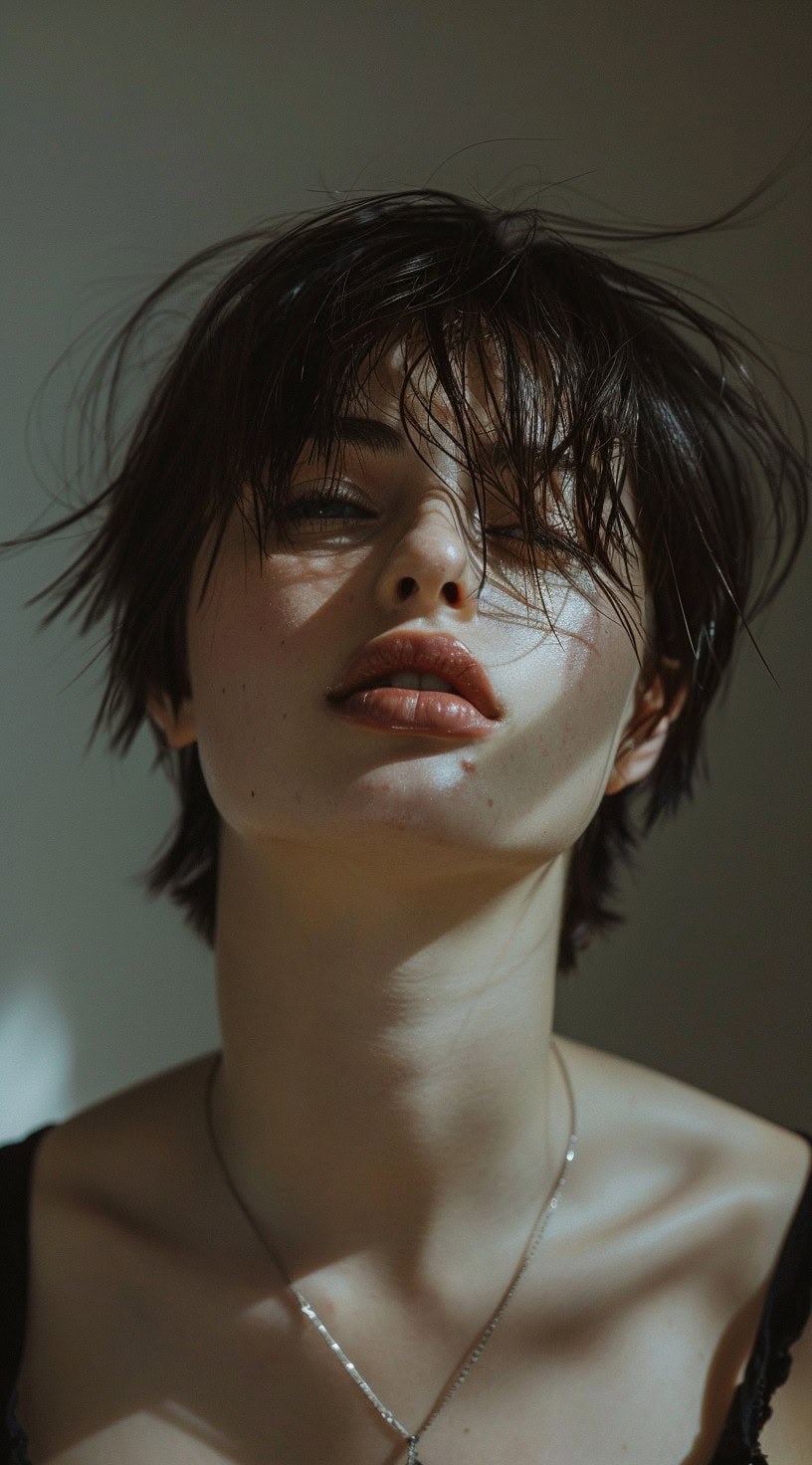 Young woman with an edgy wet-look pixie cut and wispy bangs, illuminated by dramatic lighting.