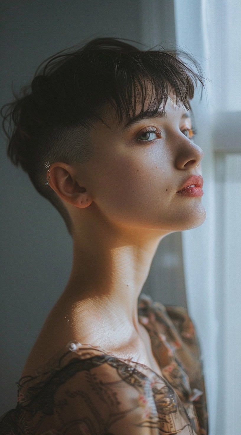 Young woman with an undercut pixie and wispy bangs, gazing thoughtfully out a window.