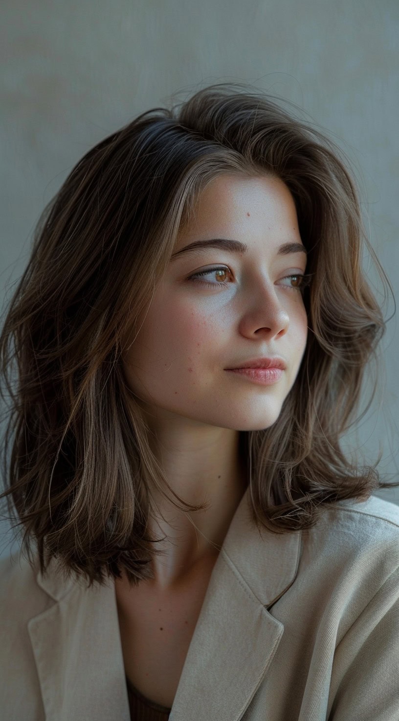 Young woman with shoulder-length, softly layered hair, looking away.